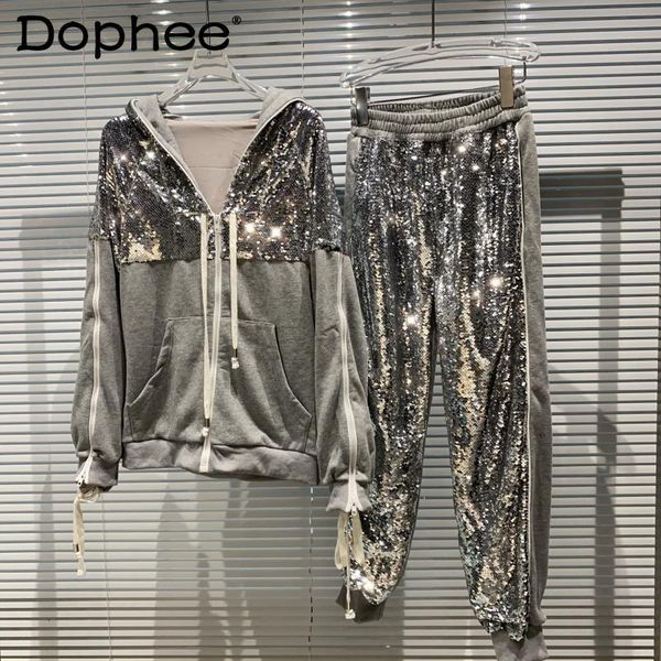 

women's two piece pants women tracksuit 2021 spring sequined zipper hooded sweatshirt high waist ankle-tied sweatpants sports set fashi, White