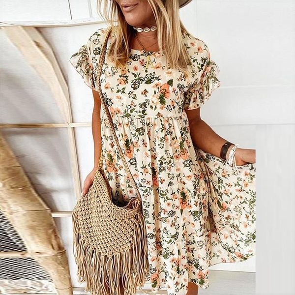 

summer floral print ruffle mini womens dresses elegant o neck short sleeve female boho a line beach party, Black;gray