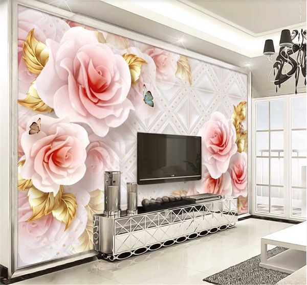

3d embossed rose european style soft bag jewelry tv background wall custom wallpaper 5d/8d waterproof wall covering