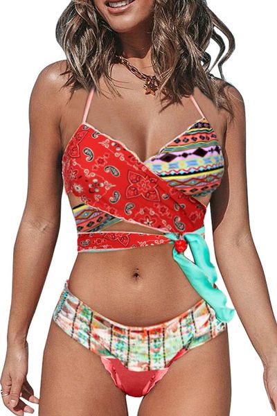 

multicolor bohemian tropical print bikini set women fashionable tropical print crossed wrap bikini panty swimwear