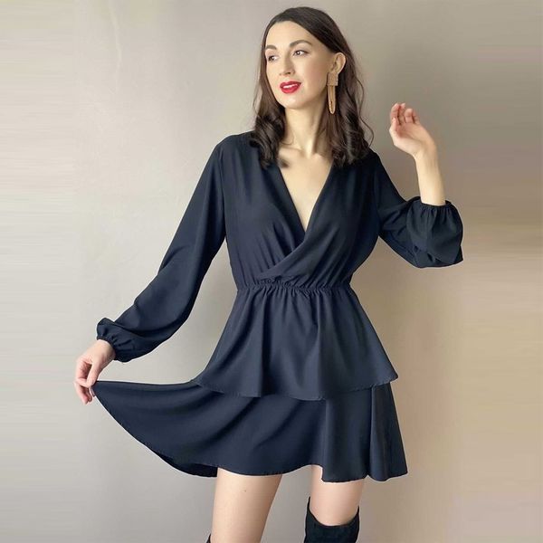 

casual dresses women v neck cascading ruffle a line party club long sleeve solid color mini 2021 elegant fashion summer gro6, Black;gray