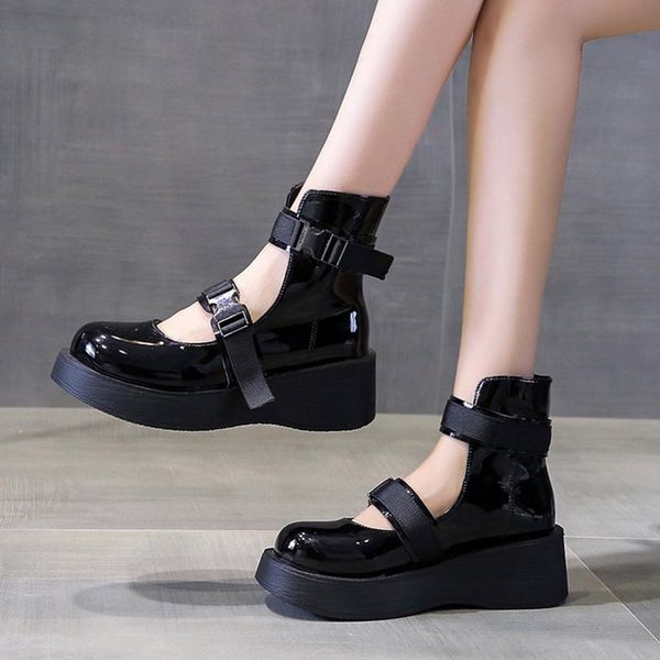 

lolita shoes buckle ankle strap platform shoe women patent leather thick sole punk hollow outs retro motorcycle boot girls 8824n, Black;white