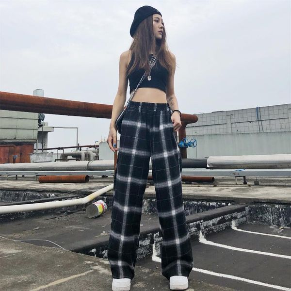 

women's pants & capris plaid high-waist wide-leg gothic casual women korean elastic waist jogging punk trousers, Black;white