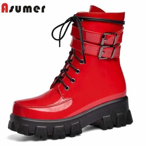 

asumer 2020 new fashion ankle boots women round toe buckle lace up flat platform boots comfortable punk casual shoes ladies f2n2#, Black