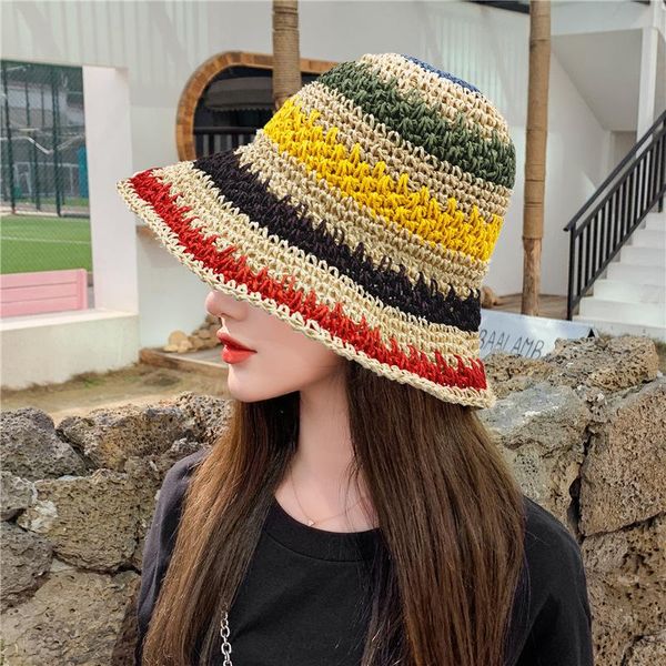 

wide brim hats summer ladies handmade straw woven big color striped hat female sunshade fisherman literary folding beach, Blue;gray