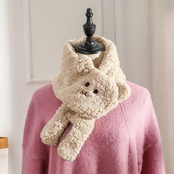 

korean cartoon cute bear lamb fur plush soft thick warm cross scarf winter girl neck guard decorative fake collar bib f98 h0923, Silver