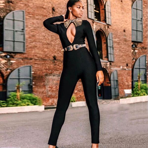 

black hollow celebrity out with rayon bandage jumpsuit monkey night party ur0t