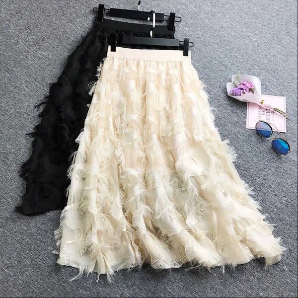 

chiffon skirts womens skirt jupe femme spring summer feather tassel midi high waist elegant slim long maxi, Black
