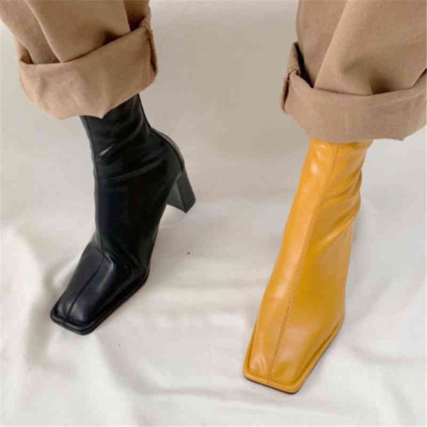 

dress shoes yellow square toe women ankle boots chunky high heel elastic boot female slim fit sock fashion botas mujer xgnq, Black