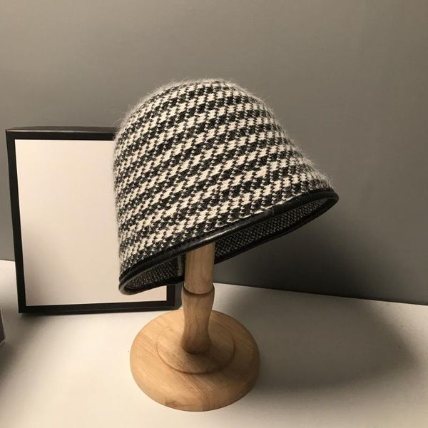 

stingy brim hats winter for women wool leather rim bucket hat fisherman warm knitting shading seaside trip lattice chapeau femme, Blue;gray