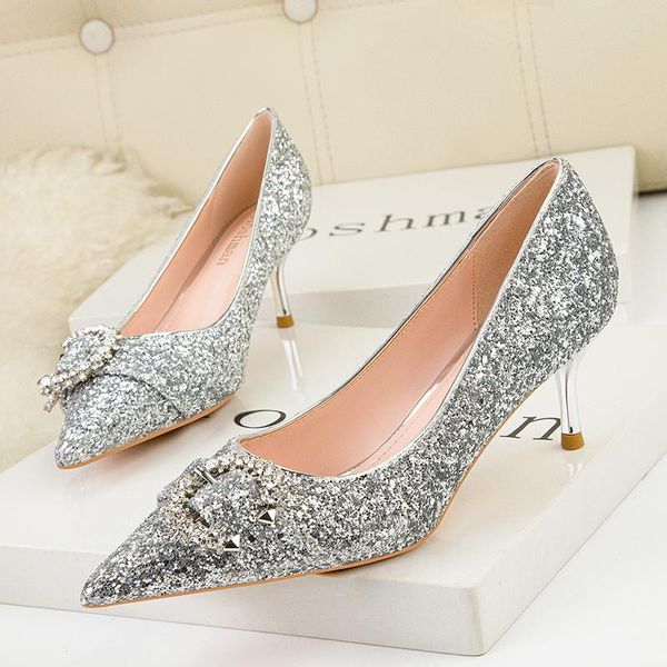 

dress shoes silver black women bridal wedding faux sequins cloth rhinestone crystal buckle shallow woman pumps stiletto high heel