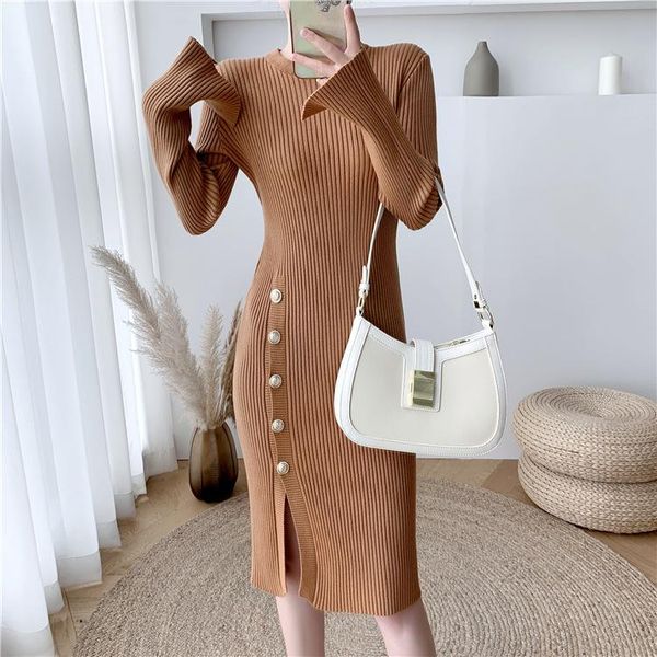 

casual dresses 2021 autumn winter women thick sweater dress robe female knitted side split single breasted slim vestidos, Black;gray