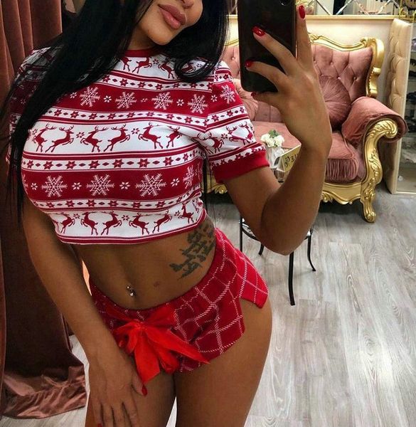

christmas pajama sleepwear women ladies cute fashion deer printed home clothes set crop short sleeve bow decor shorts, Black;red