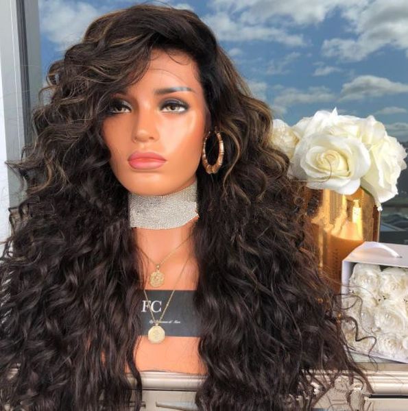 

side part brown hair kinky loose curly wigs gluelss synthetic lace front wigs hair 180% density heat resistant fzp138, Black