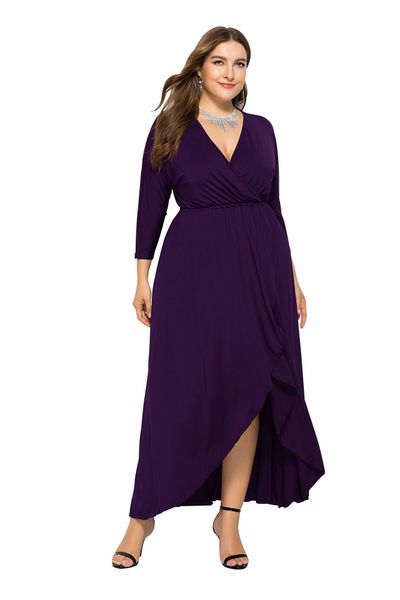 

autumn and winter v-neck dress with pleated bat sleeves buttocks solid color plus size, Black