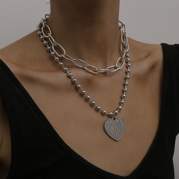 

letter girl pendant necklaces cross chains geometric iron bead street style peach heart hip hop cuban punk retro personality multi-layer lig, Silver
