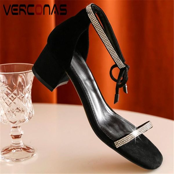 

dress shoes verconas woman sandals brand design pumps summer kid suede crystal decoration square toe high heeled, Black