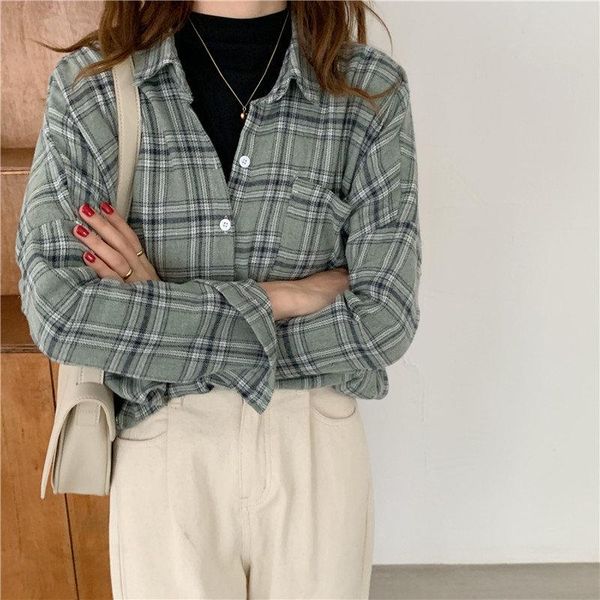 

women's blouses & shirts alien kitty all match plaid pockets stylish 2021 korean style gentle women office lady loose female fresh casu, White