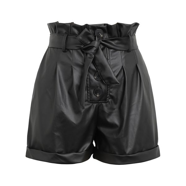 

high waist leather shorts women sashes wide leg shorts button faux leather bottoms high street pocket black elastic bud shorts 210306, White;black