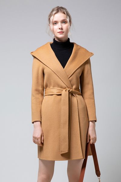 

british womens wool coat in long autumn and winter hooded jacket thickening women jacket, Tan;black