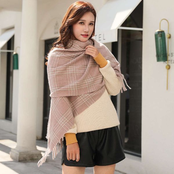 

2020 fashion korean tassel small autumn and winter thousand bird lattice scarf shawl, Blue;black