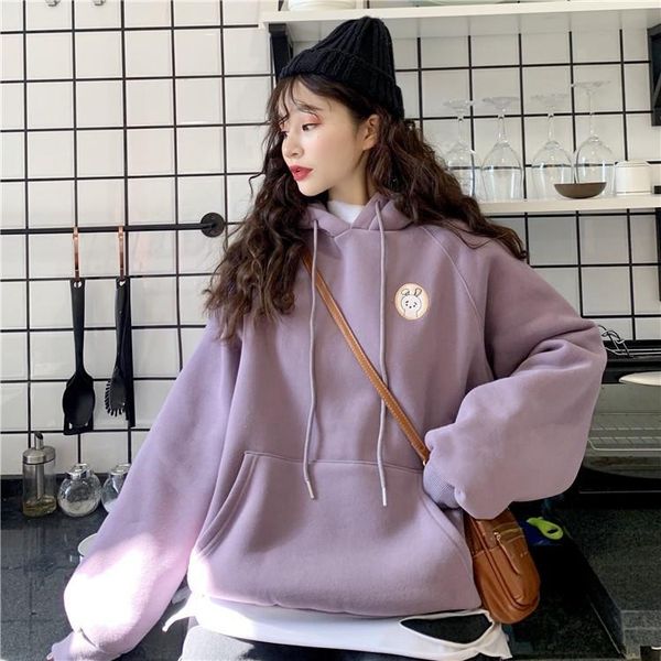 

women's hoodies & sweatshirts korean fashion autumn winter kawaii hoodie cartoon long sleeve pullovers hoody solid color sweatshirt for, Black
