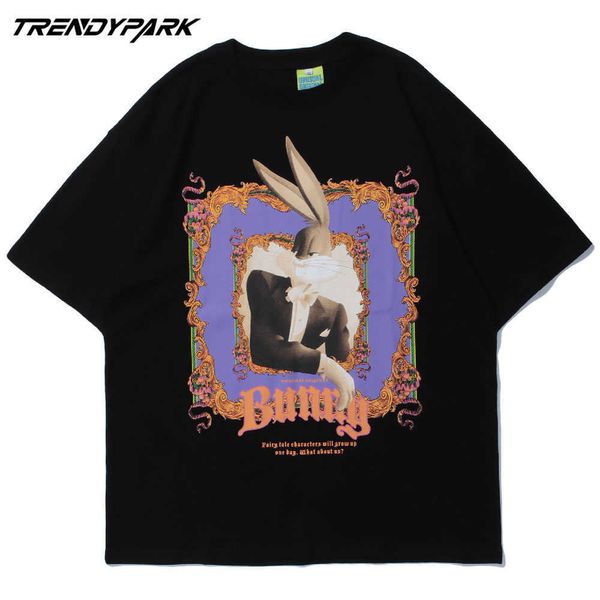 T-shirt da uomo Divertente cartone animato Mr Rabbit Stampato Estate Manica corta Hip Hop Cotone oversize Casual Harajuku Streetwear Top magliette 210601