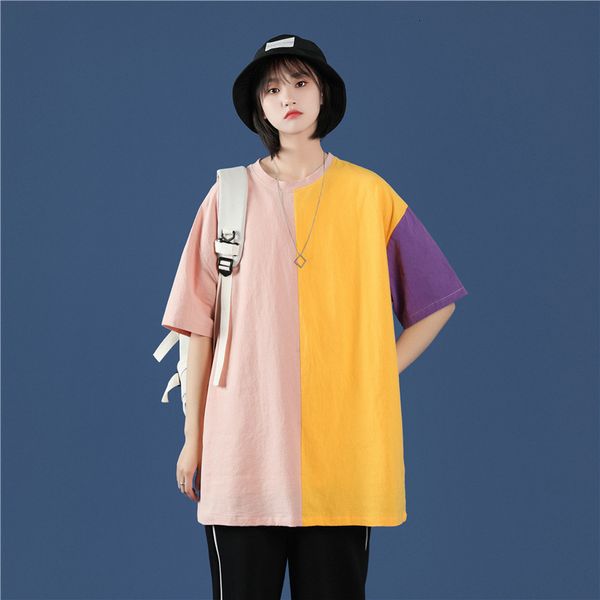 

t shirt 2021 summer short sleeve men and women couple color contrast splicing neutral wind medium loose base, White