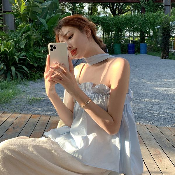 

2021 new designer halter camisoles tank women summer outerwear backless seeveless pleated elegant t shirts tshirts 4jj9, White