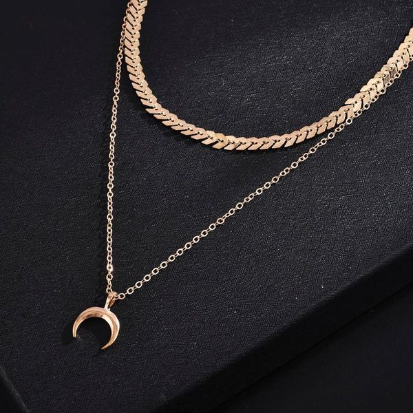 

chokers european and american trend personality moon choker necklace fashion double fish bone chain jewelry female, Golden;silver