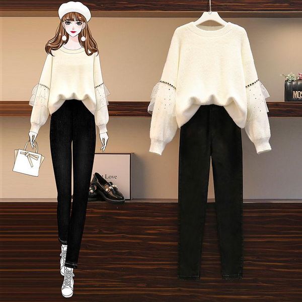 

women 2021 autumn winter fashion 2 piece suits female o-neck warm loose sweater ladies elastic waist slim jeans sets w763, White