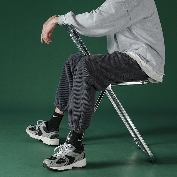 

men's pants spring autumn pleated korean fashion loose solid color casual streetwear retro corduroy trousers men, Black