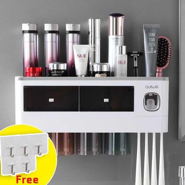 

4 magnetic cups toothbrush holder with automatic toothpaste dispenser wall mount toilet storage rack bathroom organizer g-booge