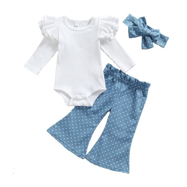 

clothing sets 2021 3 pcs baby girl clothes,born casual long ribbed sleeve round neck romper + dot print flared pants bowknot headband, White