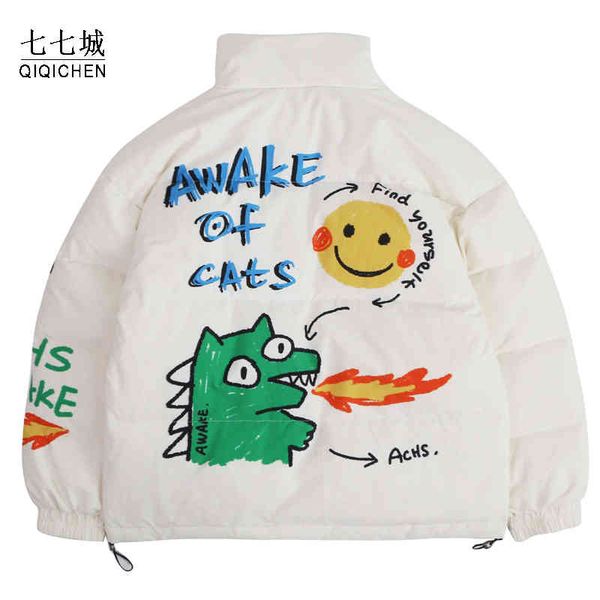 

women jacket warm winter down men cartoon dinosaur graffiti street hiphop thicken parkas windbreaker casual oversize coats, Black