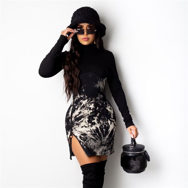 

long sleeve high neck high waist bodycon mini dress autumn winter fashion side slit zippers club party clothes, Black;gray