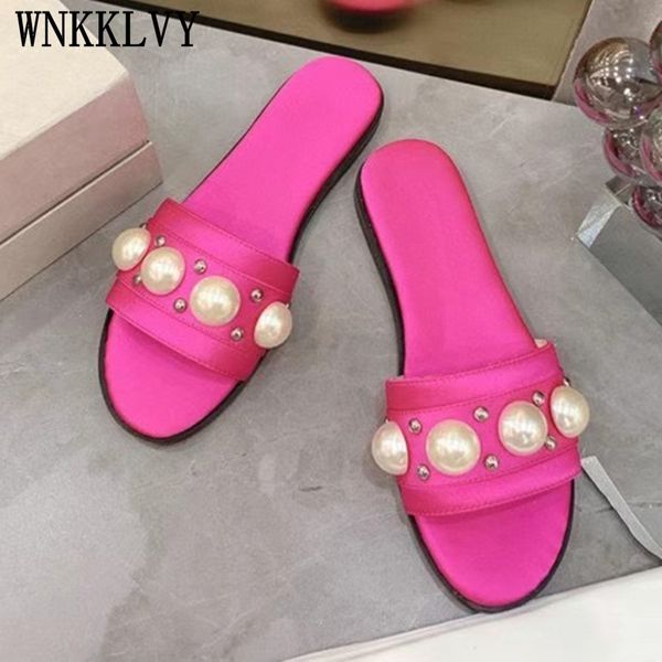 

2021 slippers women summer flat heel sandals leisure vacation pearled decor shoes glittery mules flip flops beach sandalias, Black