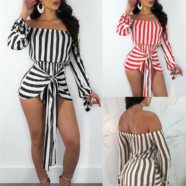 

new women striped lace up bodysuit summer off shoulder bodycon playsuit long sleeve jumpsuit romper trousers shorts 3 colors, Black;white