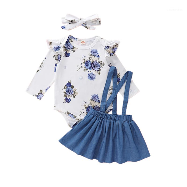 

flower girl dresses for weddings baby long sleeve blue floral print romper suspender skirt headband outfits clothing sets1, White