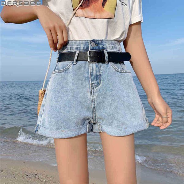 

women's shorts fashion korean summer high waist loose a-line street wear short pants women crimping with belt ladies denim fe p8wt, White;black