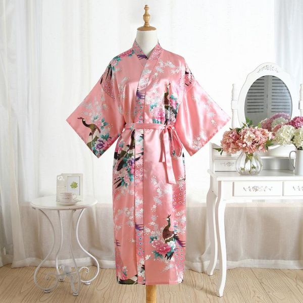 

women's sleepwear vintage pink long satin robe kimono gown bridesmaid wedding nightgown novelty print bath plus size, Black;red
