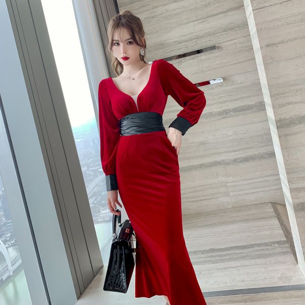 

new arrival fashion korean spring midi party women ol professional temperament vintage red v-neck velvet mermaid dress lch8, White;black