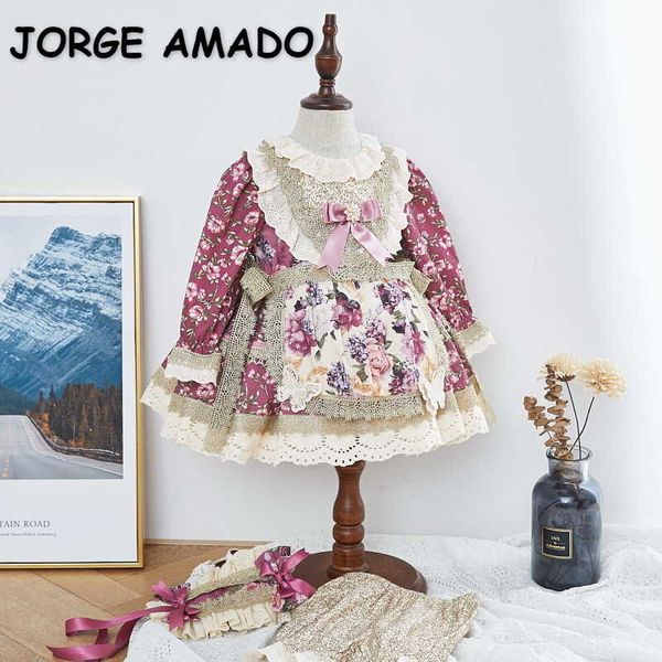 

spring kids girls dress 3-pcs sets bow lace bottom princess + headwear apron lolita style fashion clothes e025 210610, Red;yellow