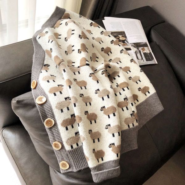 

fashion cartoon spring not early expensive new good 2021 v-neck sweater cardigan women's loose thick wool knitted coat luxury, White;black