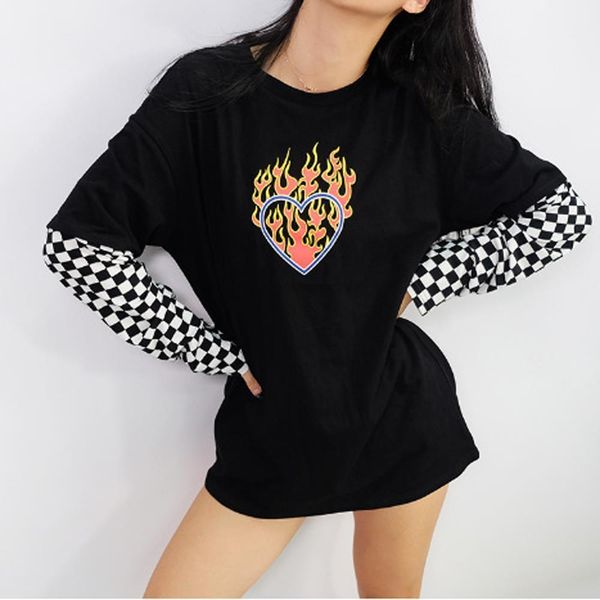 

women plaid patchwork long sleeve flaming heart print sweatshirt new autumn black checkboard pullover hoodies wdc3289