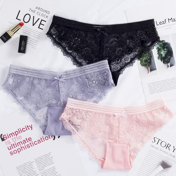 

women briefs underwear 3pcs/lot high-elasticity lace cotton plus size panties panties girls thong woman lace low waist, Black;pink