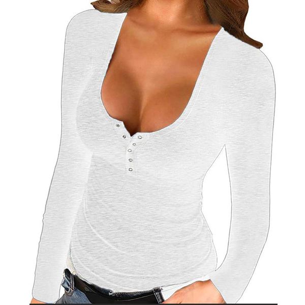 

women's t-shirt women base shirt fashion solid color long sleeve round neck slim spring autumn button design 5 colors, White