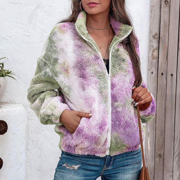 

women's jackets women jacket autumn winter stand alone tie-dye plush ladies zipper female warm print, Black;brown