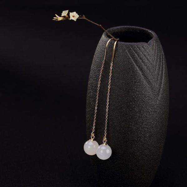 

dangle & chandelier natural 925sterling silver gilded inlaid hetian jade round beads retro earrings jewelry simple individuality fashion for