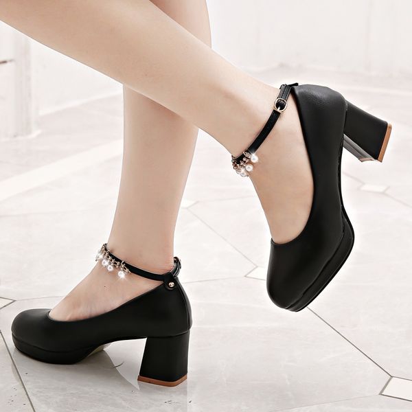 

2021 new fashion string bead women pu leather high heels shoes woman pink pointed toe spring pumps lady kngr, Black